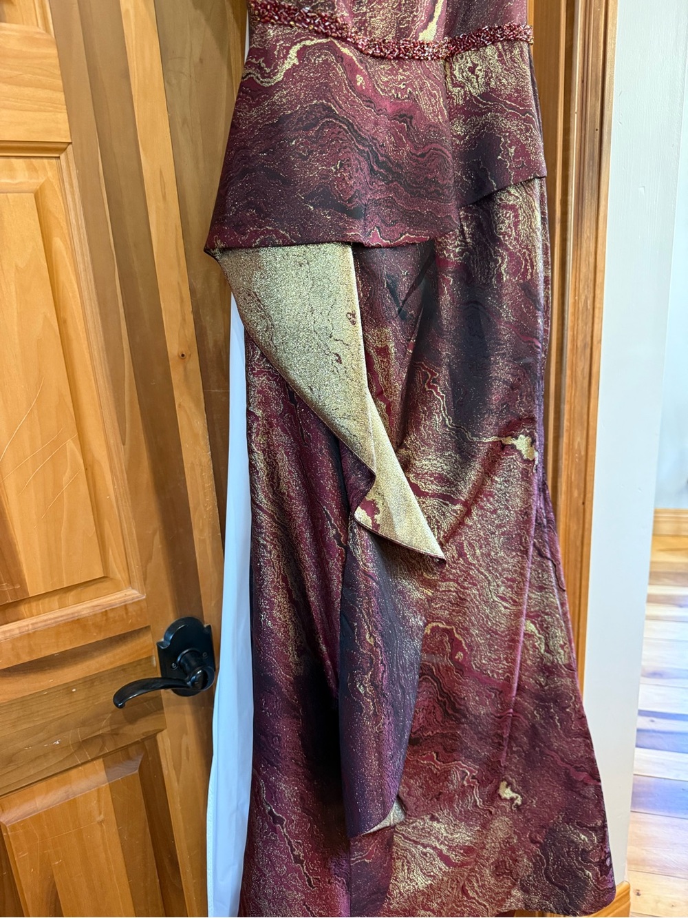 Terani Couture One-Shoulder Burgundy and Metallic Gold Gown - Picture 3 of 14